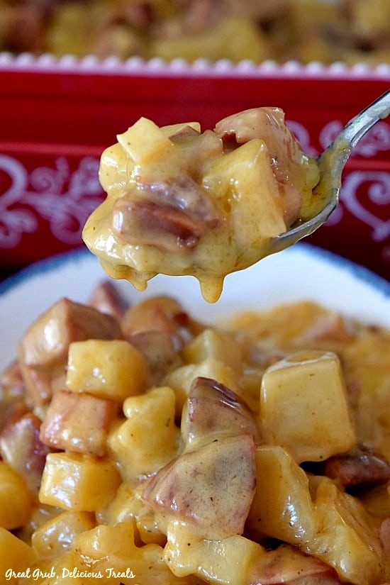 Image of Polish Kielbasa in cheesy potato casserole 